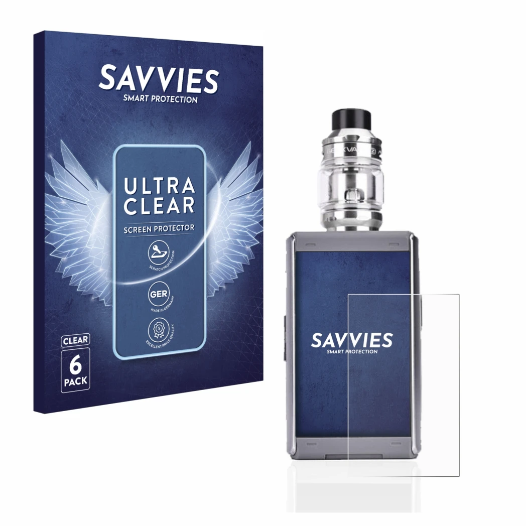 Face avant d’un emballage produit avec le logo de la marque Savvies. À côté, l’appareil GeekVape T200 est représenté avec la p