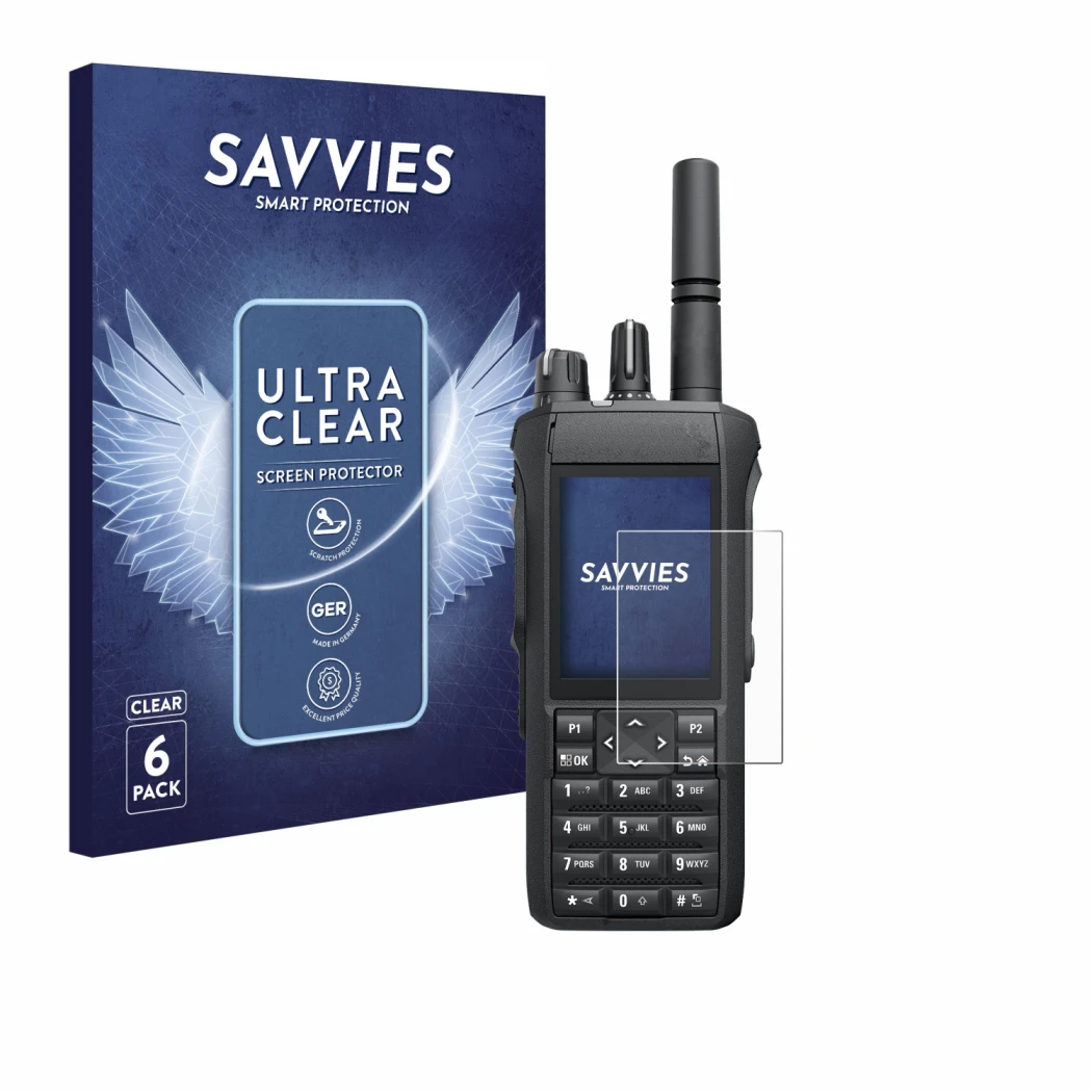Face avant d’un emballage produit avec le logo de la marque Savvies. À côté, l’appareil Motorola R7 FKP est représenté avec la