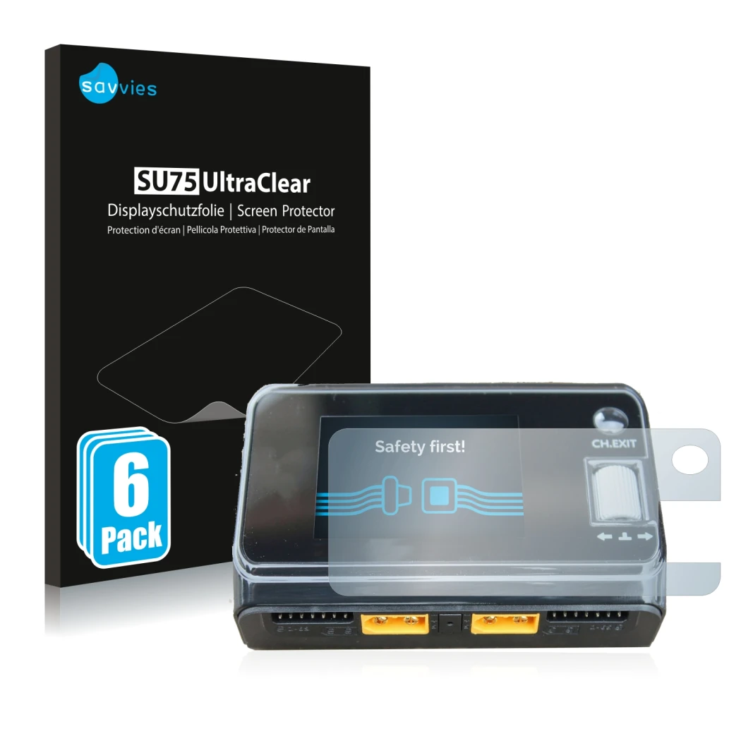 Face avant d’un emballage produit avec le logo de la marque Savvies. À côté, l’appareil ToolkitRC M6D Dual Charger est représe