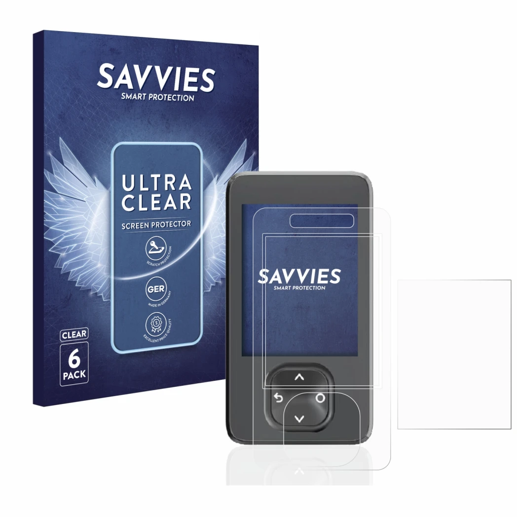 Face avant d’un emballage produit avec le logo de la marque Savvies. À côté, l’appareil Dexcom G7 CGM est représenté avec la p