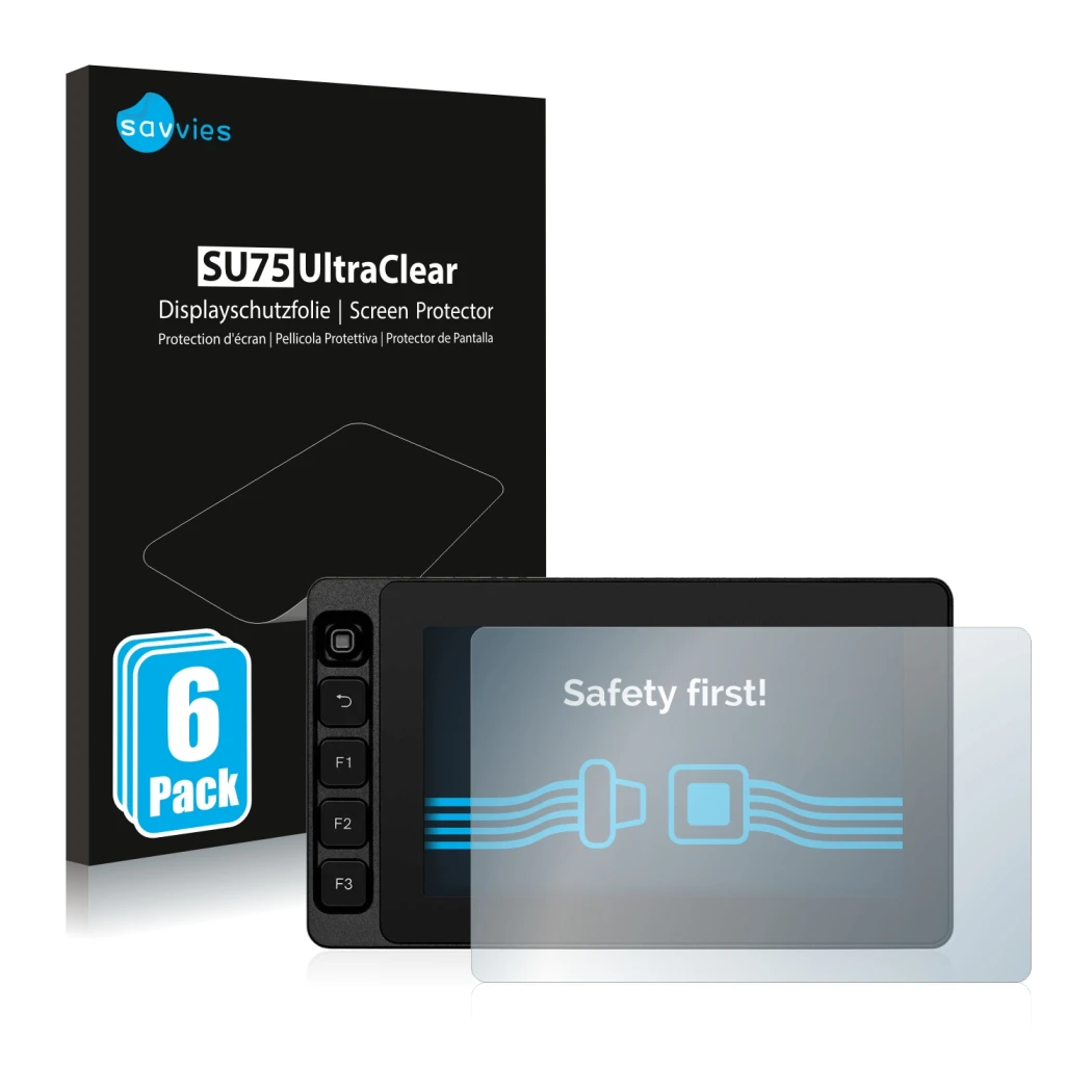 Face avant d’un emballage produit avec le logo de la marque Savvies. À côté, l’appareil SmallHD Ultra 5 est représenté avec la