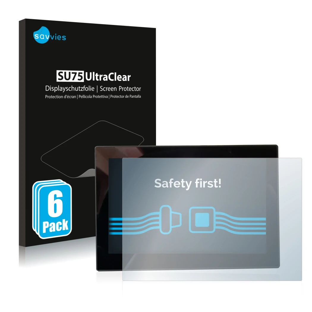 Face avant d’un emballage produit avec le logo de la marque Savvies. À côté, l’appareil MG 4 7-Zoll Digitales Instrumentendisp