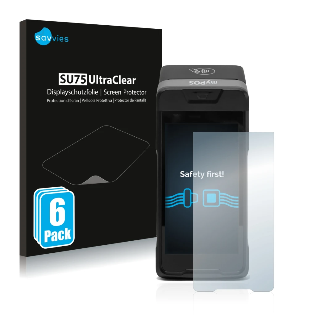 Face avant d’un emballage produit avec le logo de la marque Savvies. À côté, l’appareil myPOS Carbon est représenté avec la pr