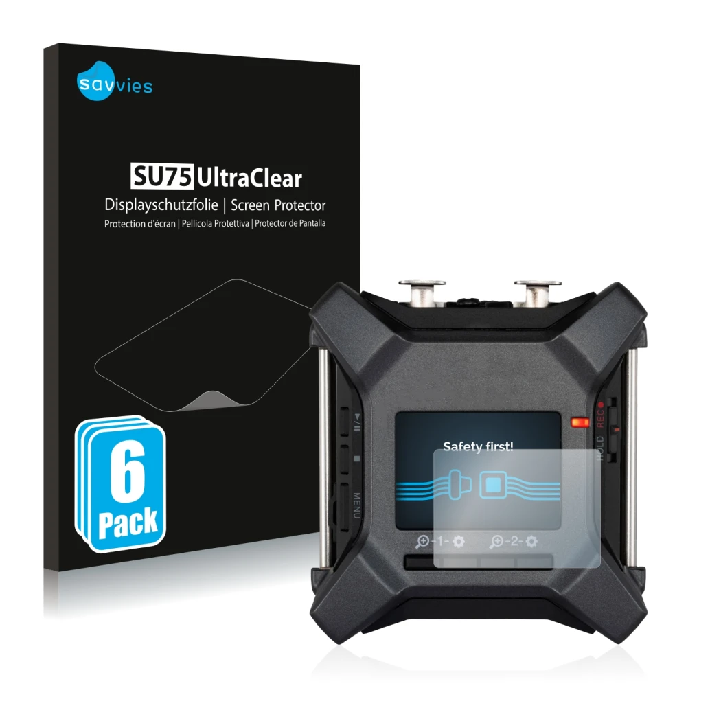 Face avant d’un emballage produit avec le logo de la marque Savvies. À côté, l’appareil Zoom F3 field recorder est représenté 