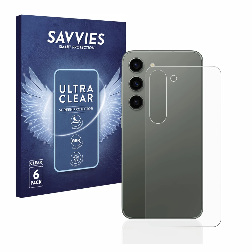 Face avant d’un emballage produit avec le logo de la marque Savvies. À côté, l’appareil Samsung Galaxy S23 (Arrière) est repré