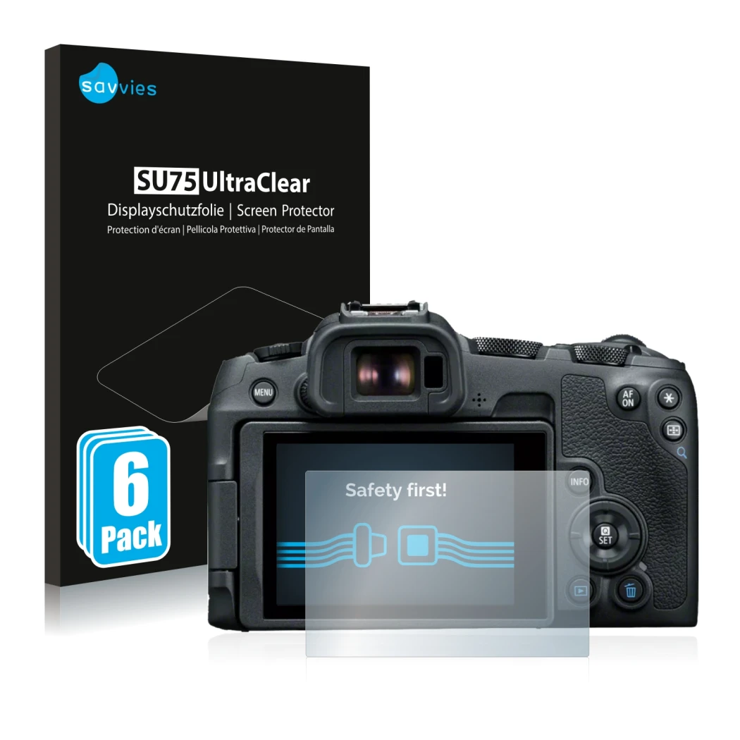 Face avant d’un emballage produit avec le logo de la marque Savvies. À côté, l’appareil Canon EOS R8 est représenté avec la pr