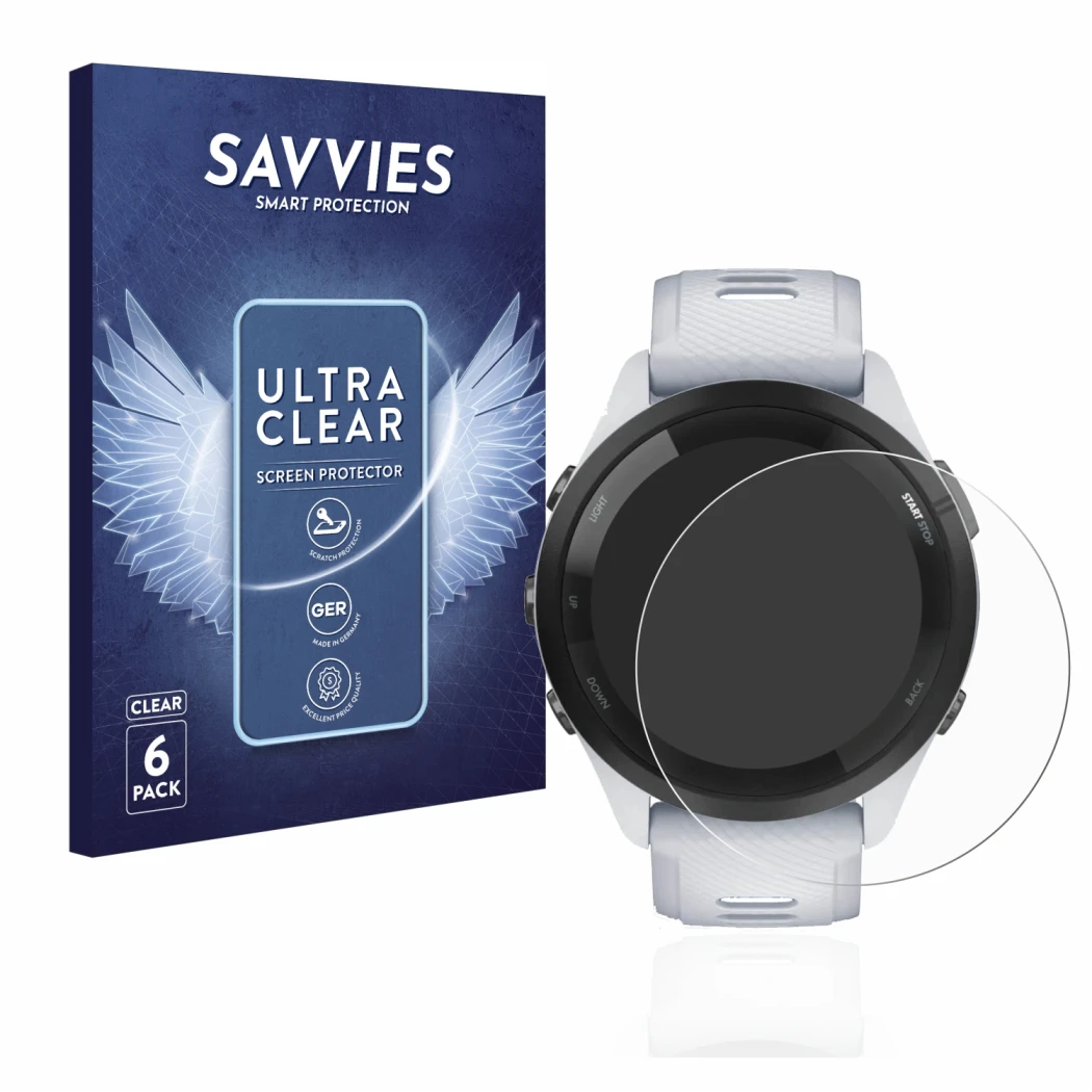 Face avant d’un emballage produit avec le logo de la marque Savvies. À côté, l’appareil Garmin Forerunner 265 (46 mm) est repr