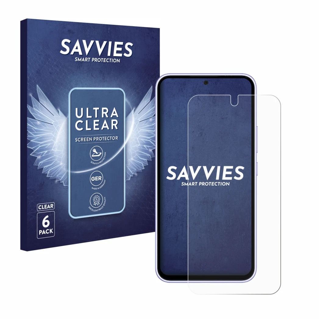 Face avant d’un emballage produit avec le logo de la marque Savvies. À côté, l’appareil Samsung Galaxy A54 5G est représenté a