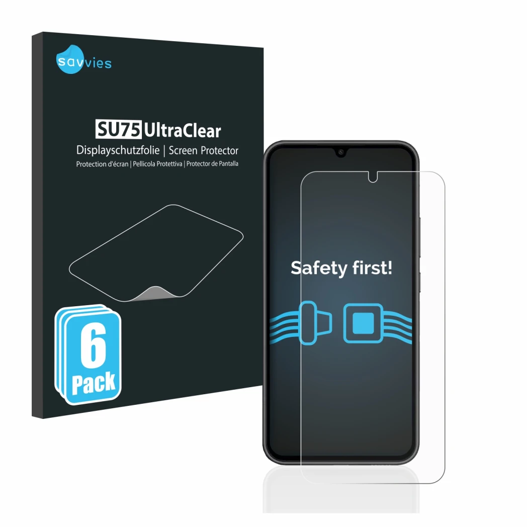 Face avant d’un emballage produit avec le logo de la marque Savvies. À côté, l’appareil Samsung Galaxy A34 5G est représenté a