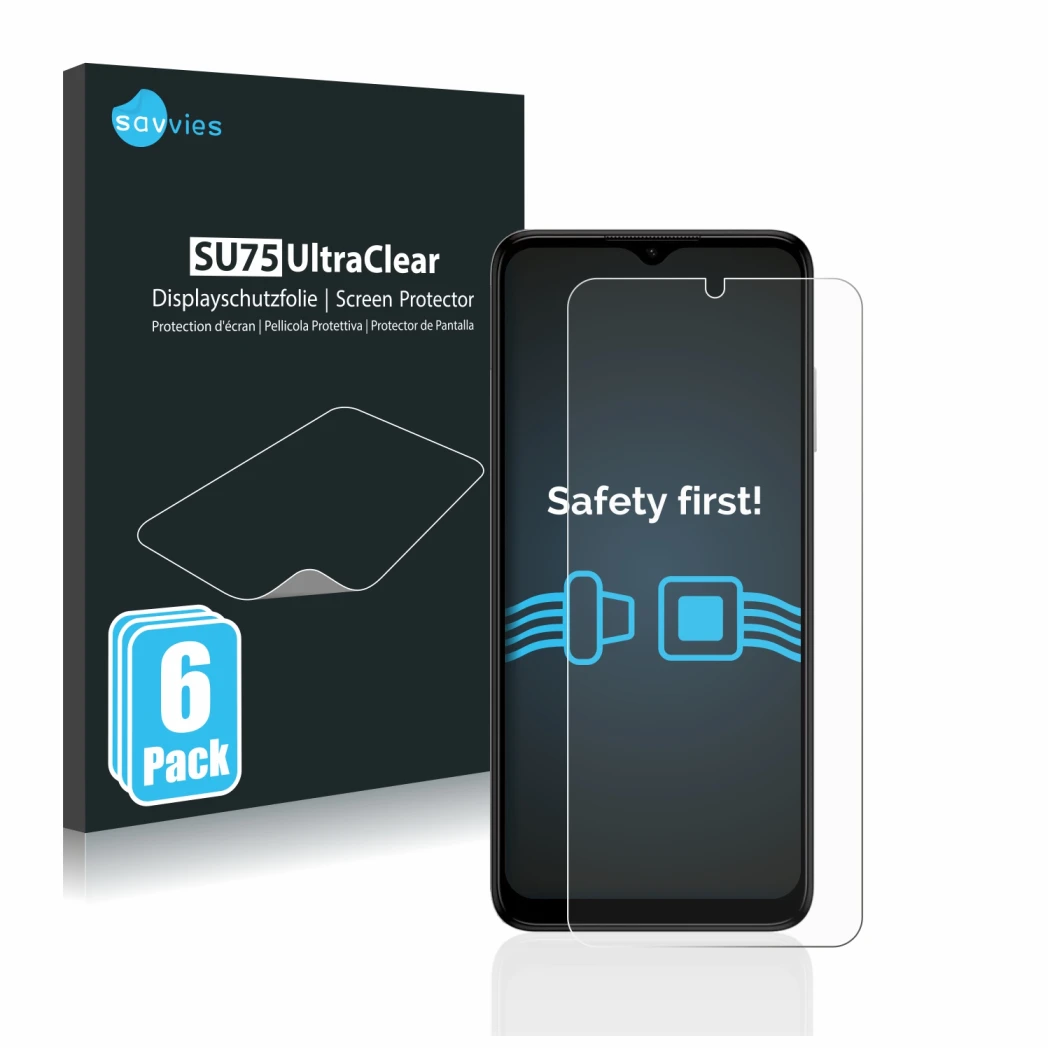 Face avant d’un emballage produit avec le logo de la marque Savvies. À côté, l’appareil Nokia G22 est représenté avec la prote