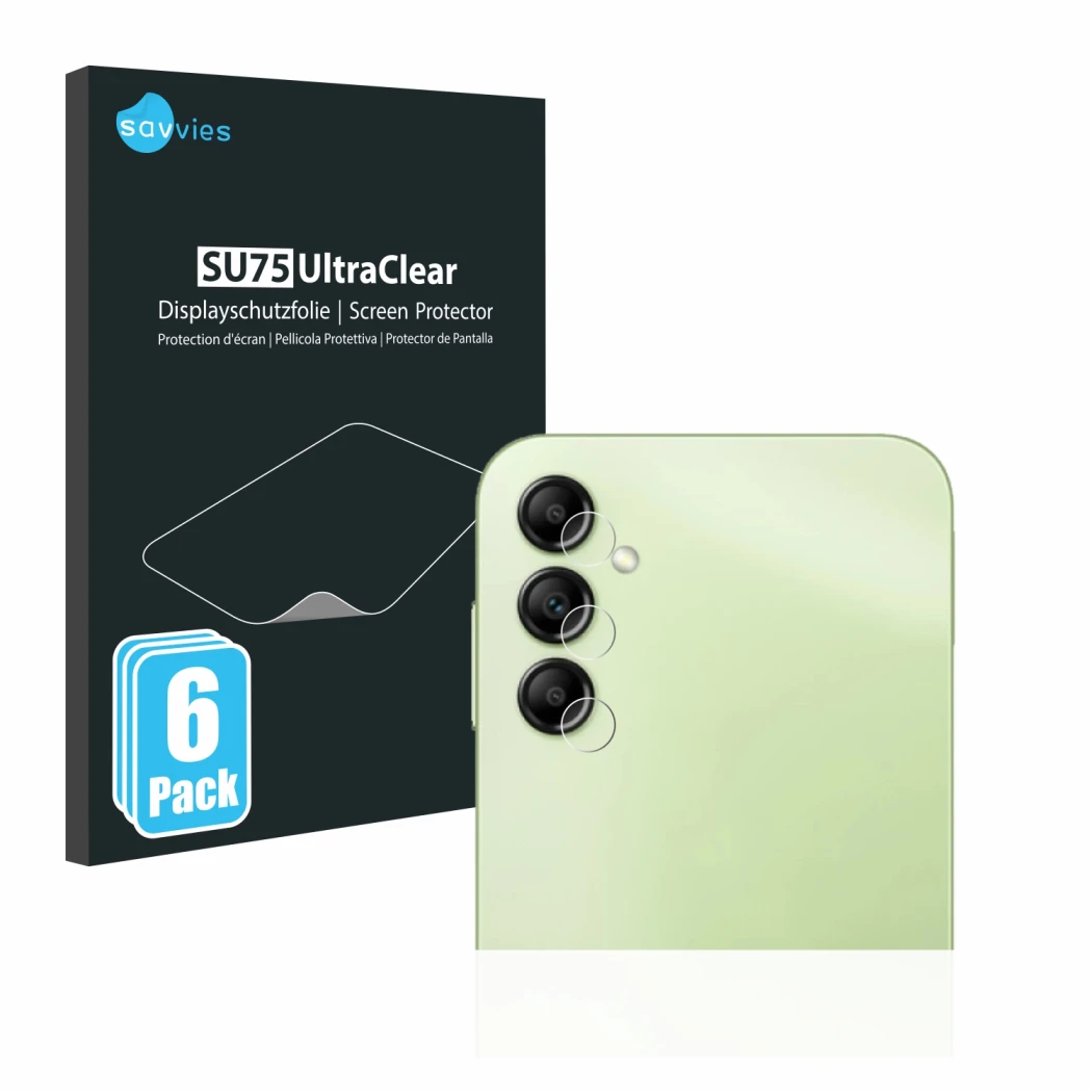 Face avant d’un emballage produit avec le logo de la marque Savvies. À côté, l’appareil Samsung Galaxy A14 4G (Caméra UNIQUEME