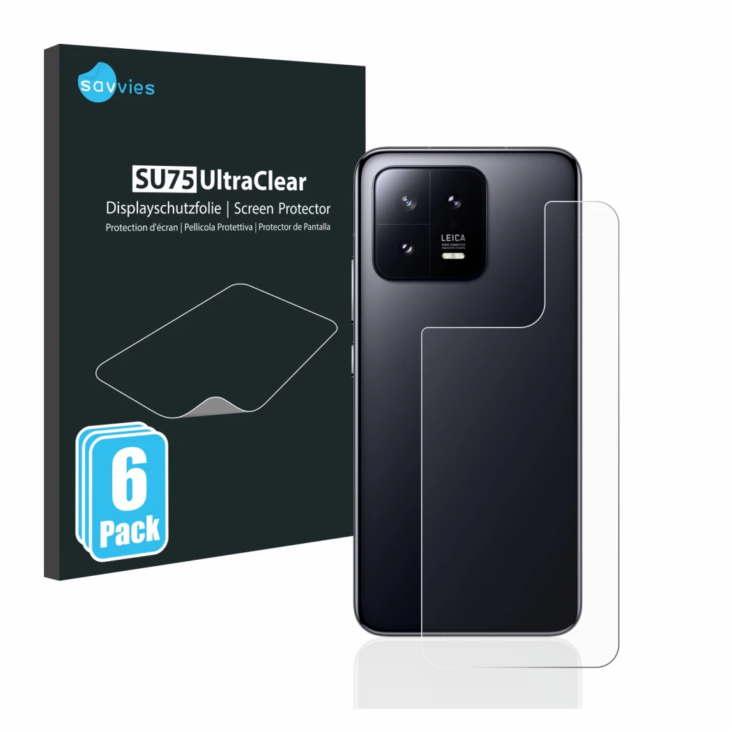 Face avant d’un emballage produit avec le logo de la marque Savvies. À côté, l’appareil Xiaomi 13 (Arrière) est représenté ave