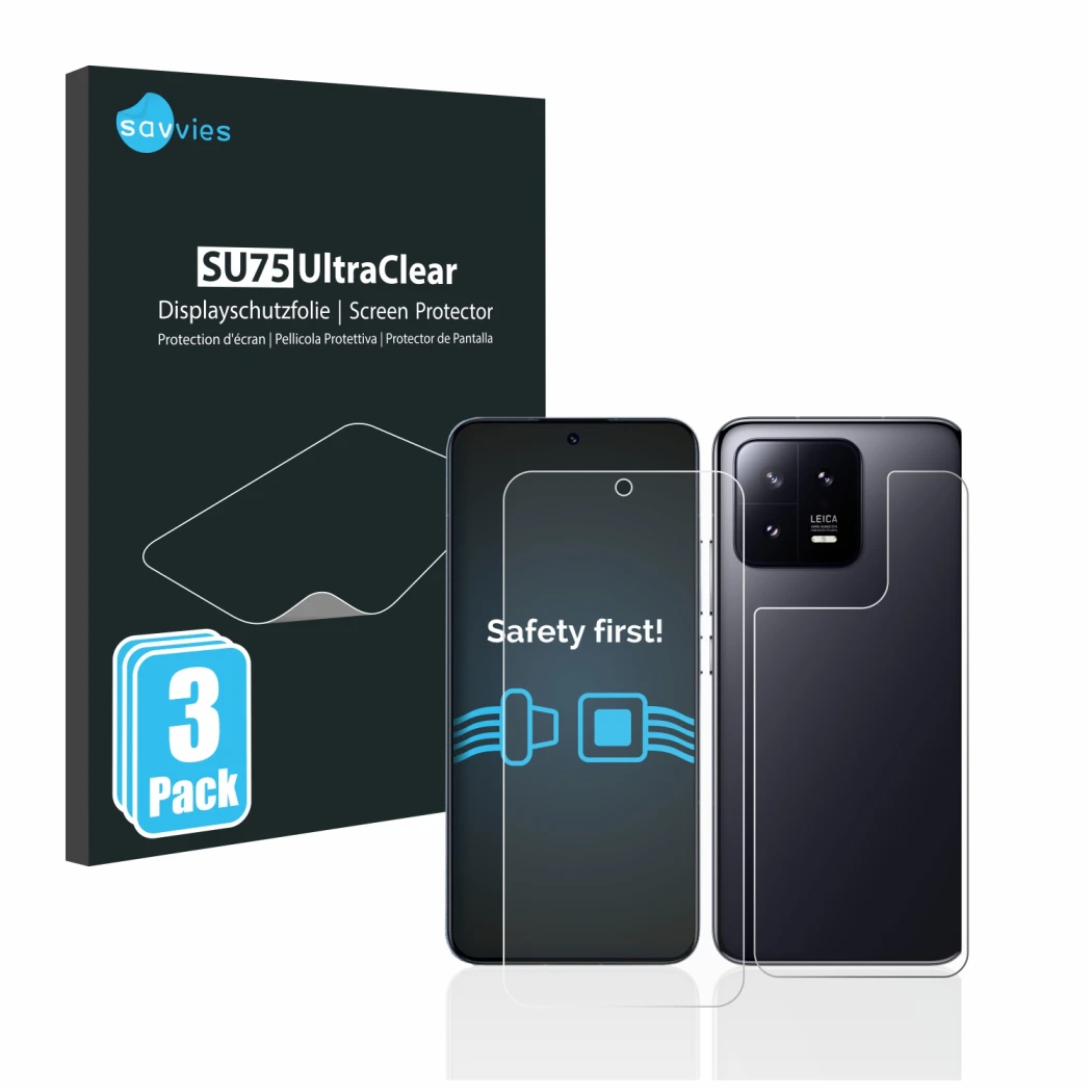 Face avant d’un emballage produit avec le logo de la marque Savvies. À côté, l’appareil Xiaomi 13 (Avant+Arrière) est représen