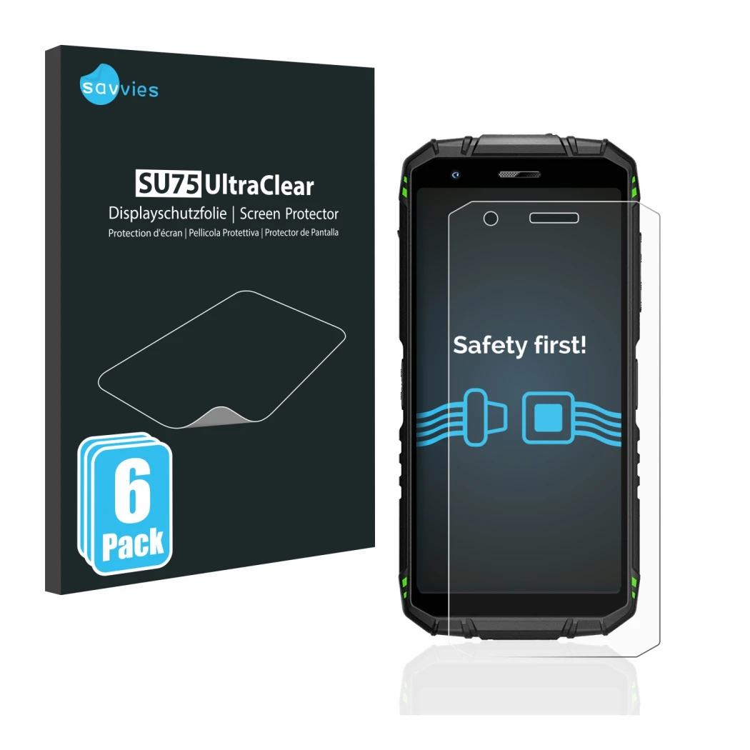 Face avant d’un emballage produit avec le logo de la marque Savvies. À côté, l’appareil Doogee S41 Pro est représenté avec la 