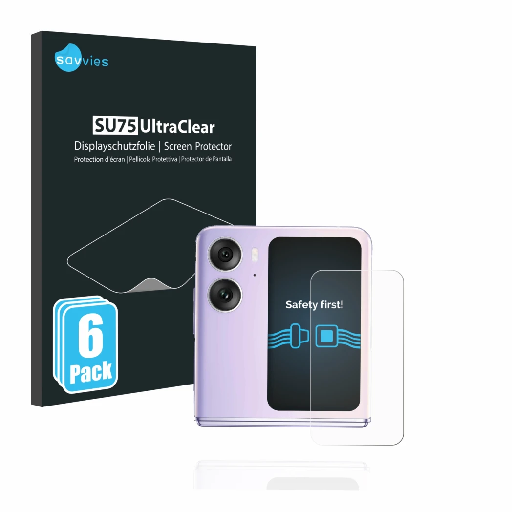 Face avant d’un emballage produit avec le logo de la marque Savvies. À côté, l’appareil Oppo Find N2 Flip (Affichage arrière) 