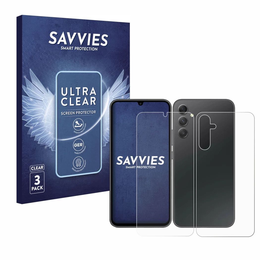 Face avant d’un emballage produit avec le logo de la marque Savvies. À côté, l’appareil Samsung Galaxy A34 5G (Avant+Arrière) 