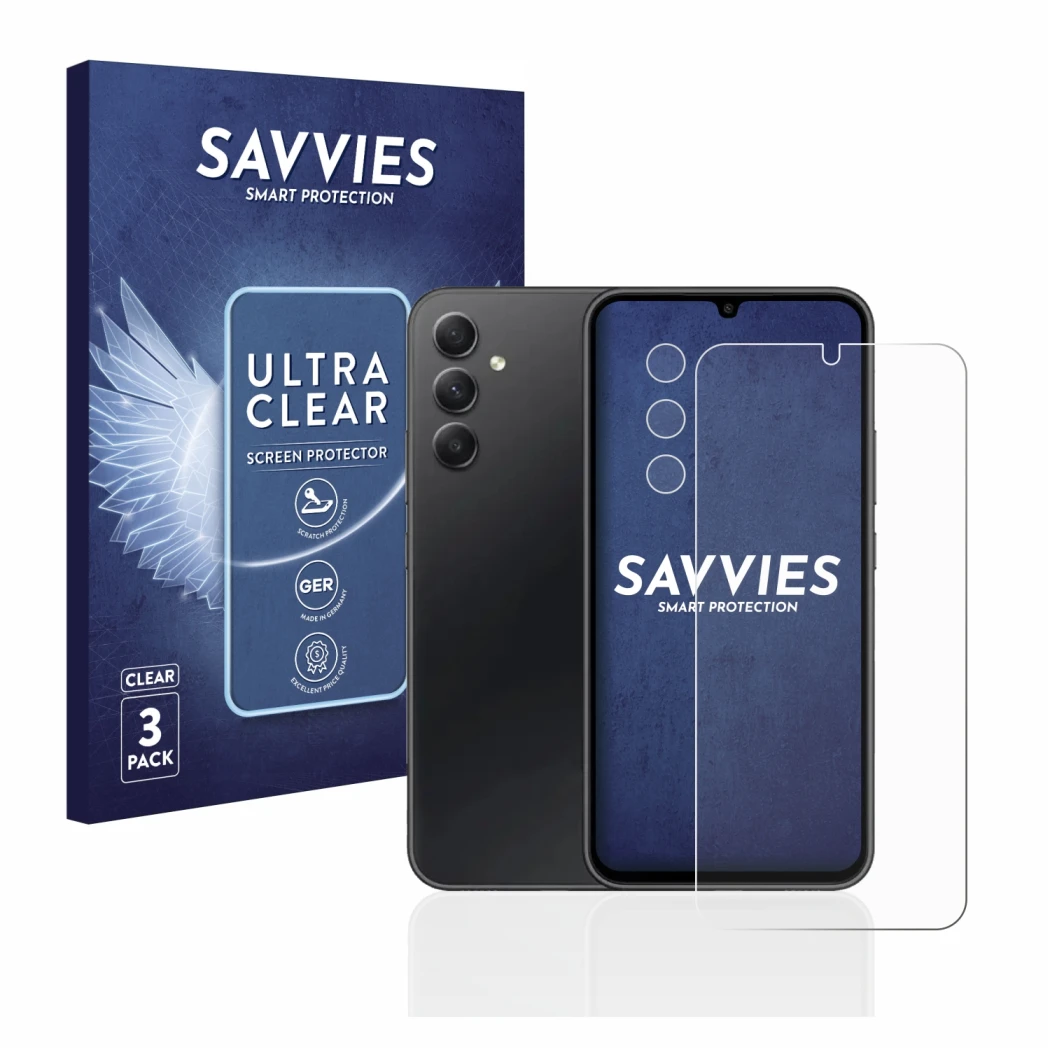 Face avant d’un emballage produit avec le logo de la marque Savvies. À côté, l’appareil Samsung Galaxy A34 5G (Avant+Caméra) e