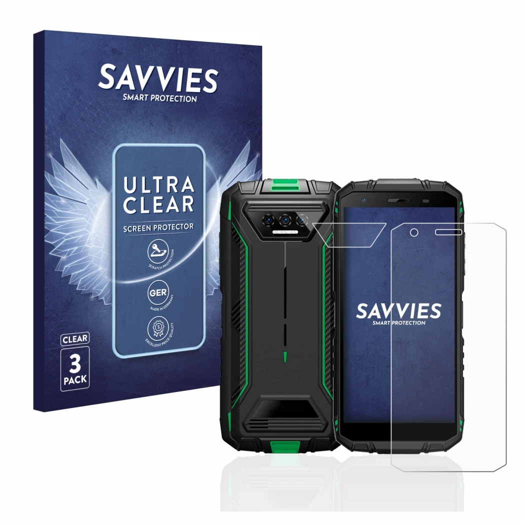 Face avant d’un emballage produit avec le logo de la marque Savvies. À côté, l’appareil Doogee S41 Pro (Avant+Caméra) est repr