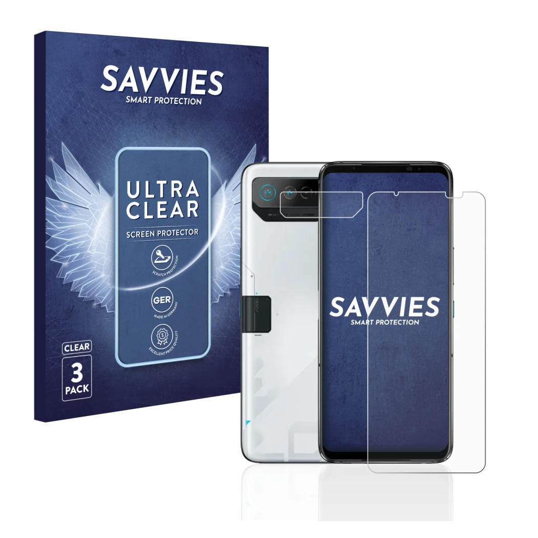 Face avant d’un emballage produit avec le logo de la marque Savvies. À côté, l’appareil ASUS ROG Phone 7 (Avant+Caméra) est re