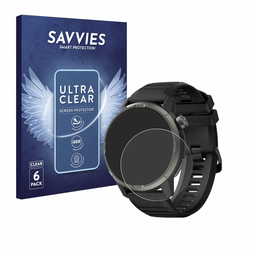 Face avant d’un emballage produit avec le logo de la marque Savvies. À côté, l’appareil Kiprun GPS 900 by Coros est représenté