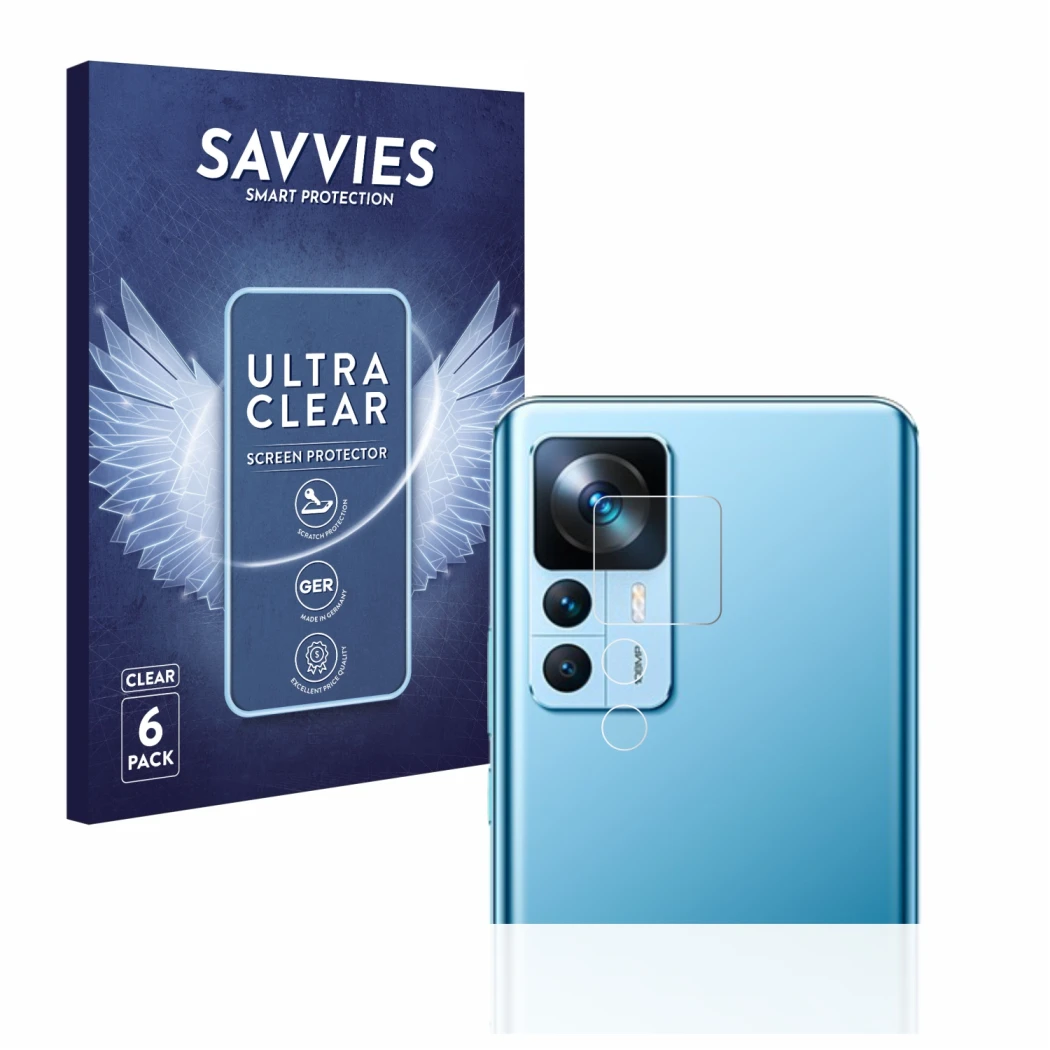 Face avant d’un emballage produit avec le logo de la marque Savvies. À côté, l’appareil Xiaomi 12T (Caméra UNIQUEMENT) est rep