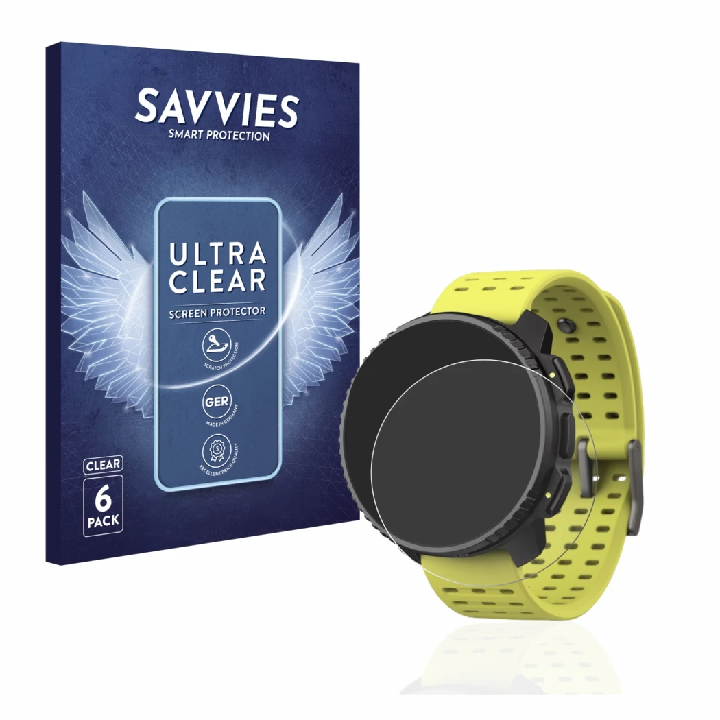 Face avant d’un emballage produit avec le logo de la marque Savvies. À côté, l’appareil Suunto Vertical est représenté avec la