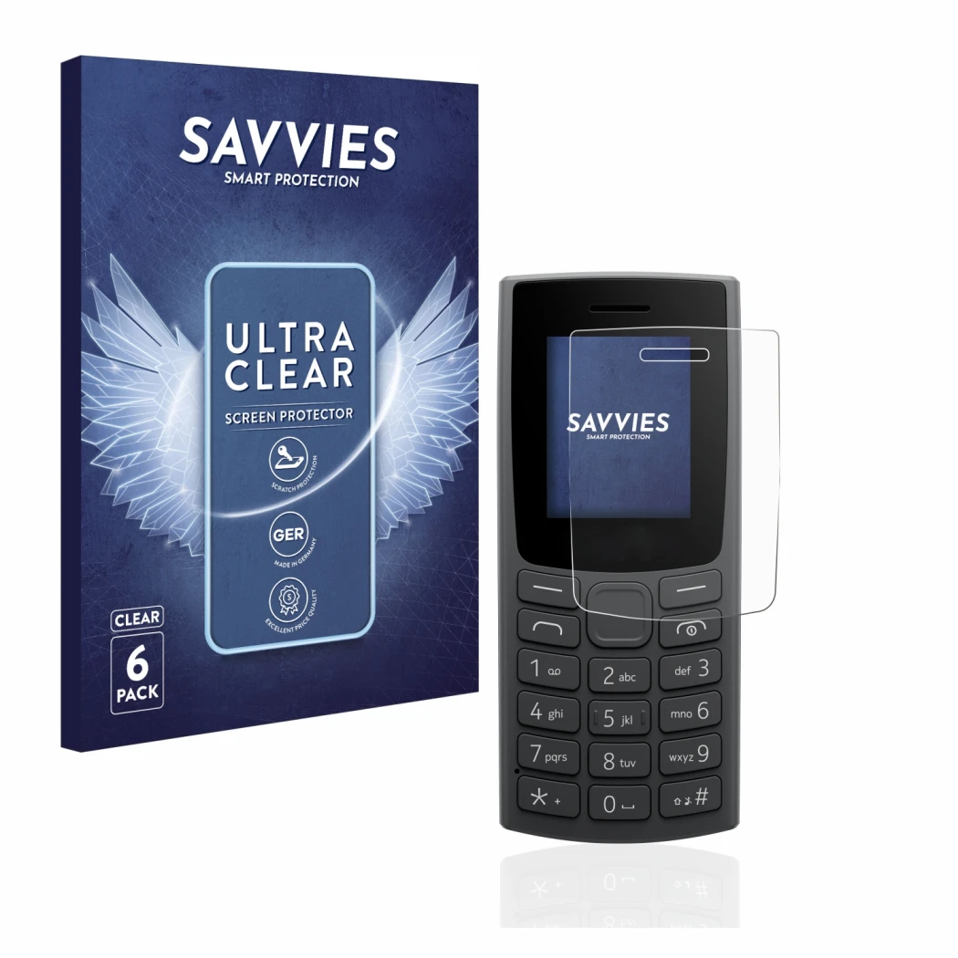 Face avant d’un emballage produit avec le logo de la marque Savvies. À côté, l’appareil Nokia 110 (2023) est représenté avec l