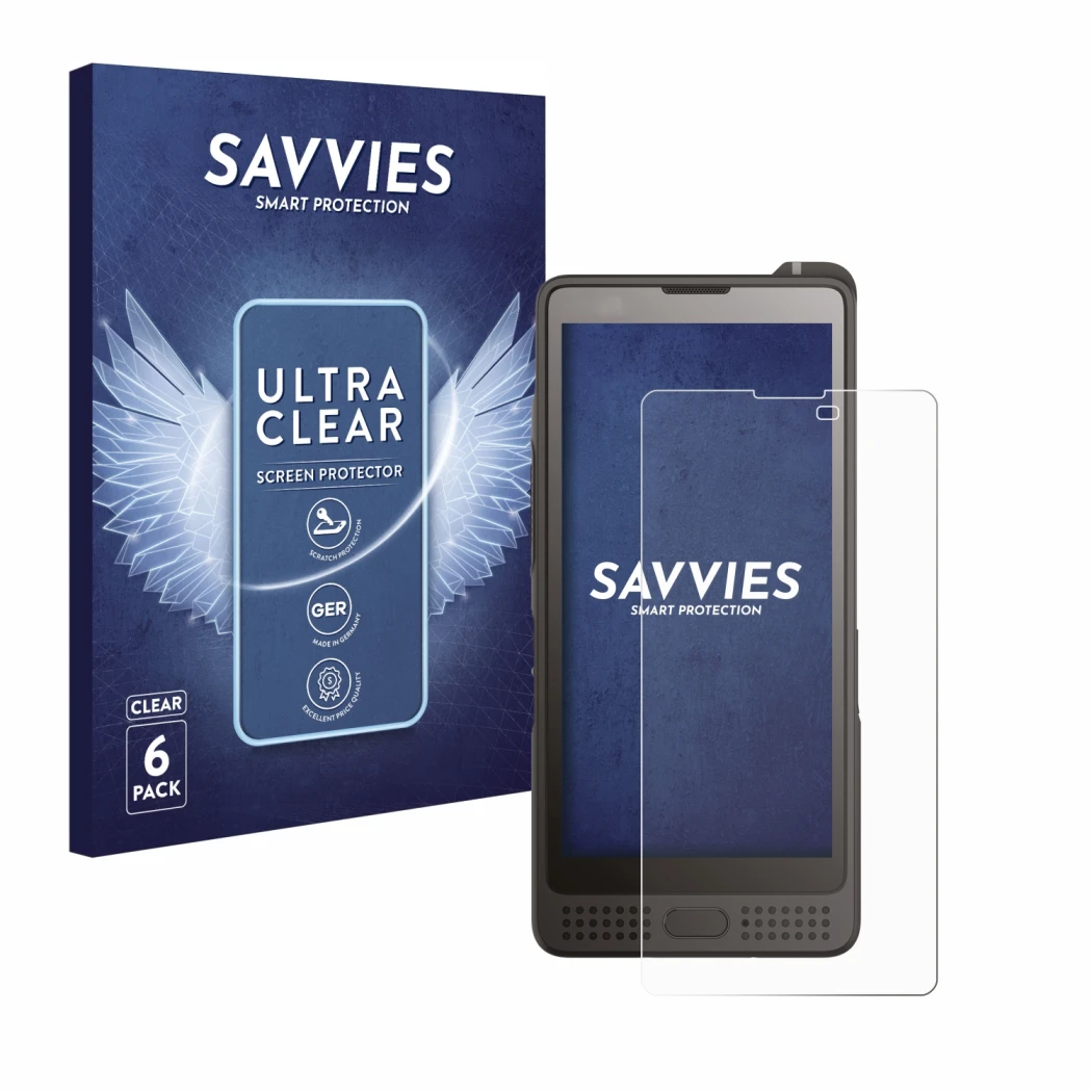 Face avant d’un emballage produit avec le logo de la marque Savvies. À côté, l’appareil Sonim XP10 est représenté avec la prot