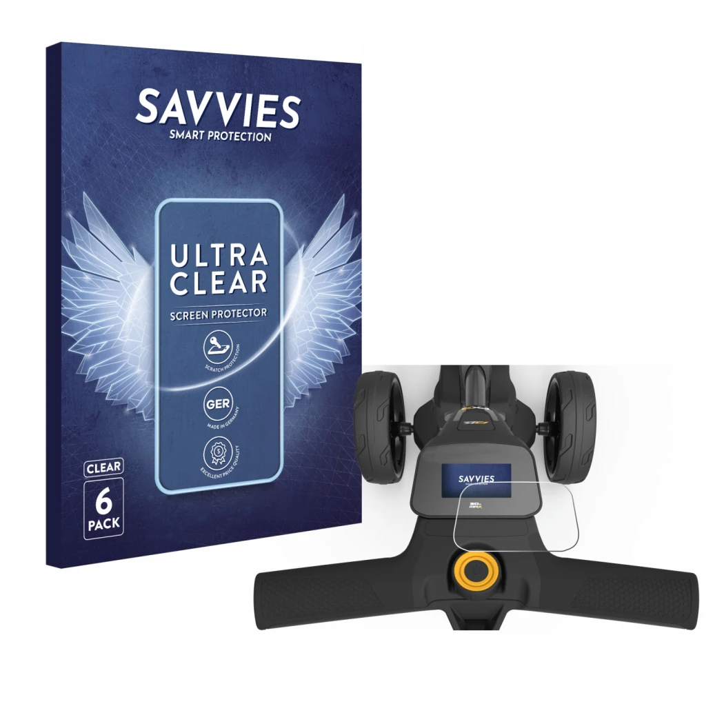 Face avant d’un emballage produit avec le logo de la marque Savvies. À côté, l’appareil PowaKaddy FX3 est représenté avec la p