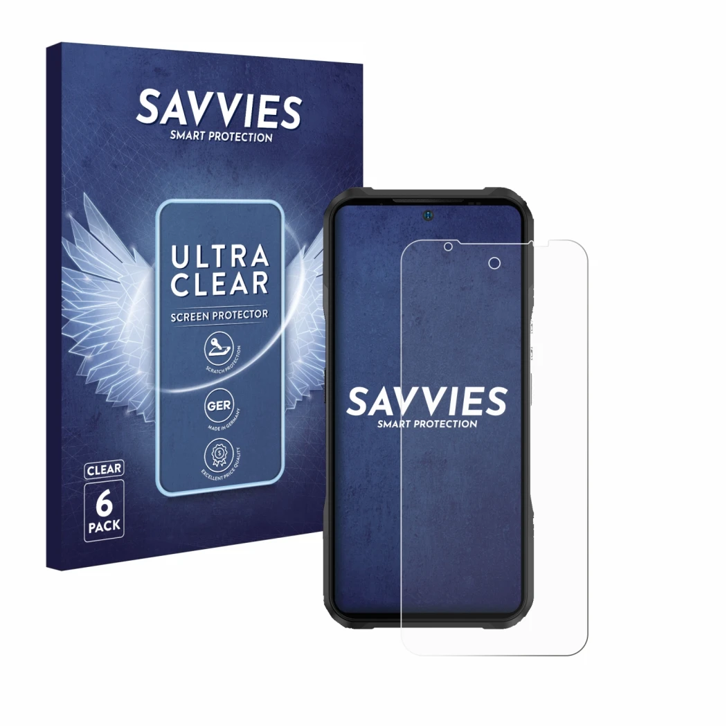 Face avant d’un emballage produit avec le logo de la marque Savvies. À côté, l’appareil Doogee V20 Pro est représenté avec la 