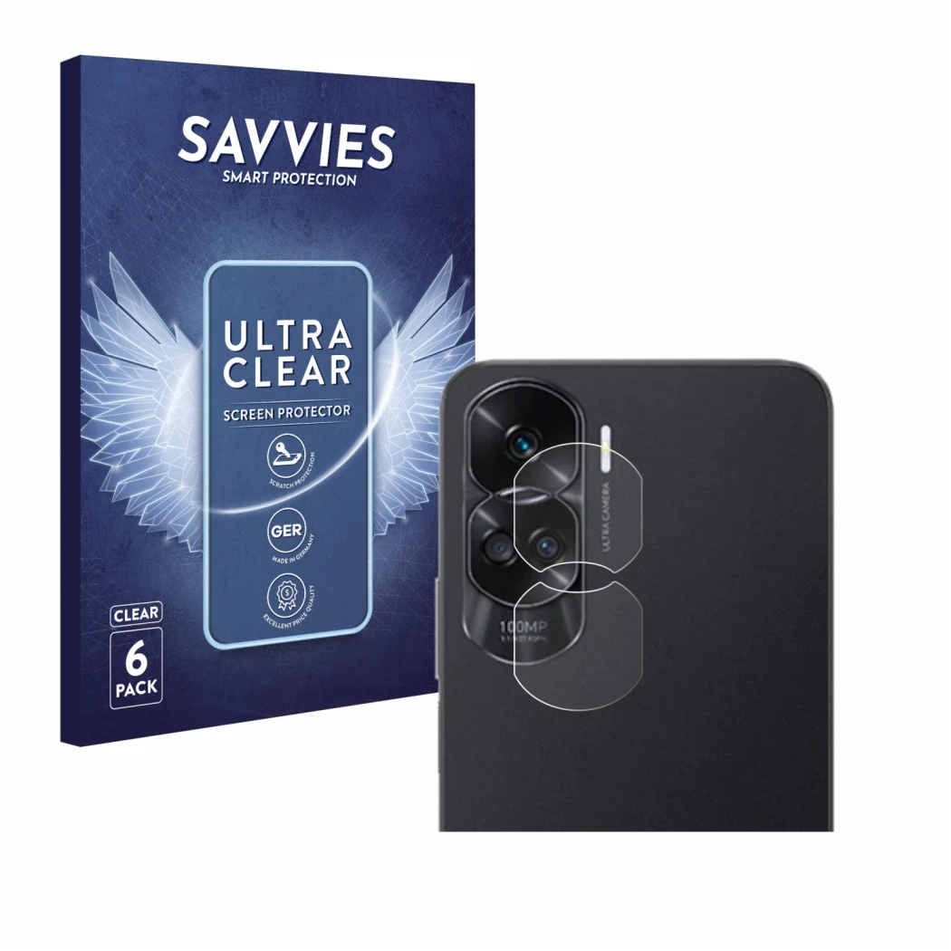 Face avant d’un emballage produit avec le logo de la marque Savvies. À côté, l’appareil Honor 90 Lite (Caméra UNIQUEMENT) est 