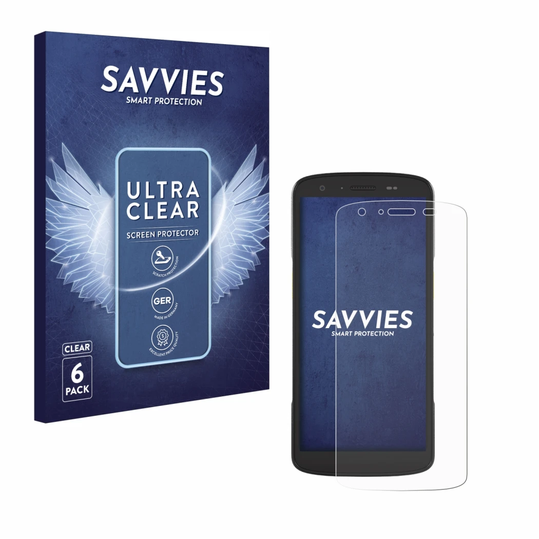Face avant d’un emballage produit avec le logo de la marque Savvies. À côté, l’appareil Zebra TC27 est représenté avec la prot