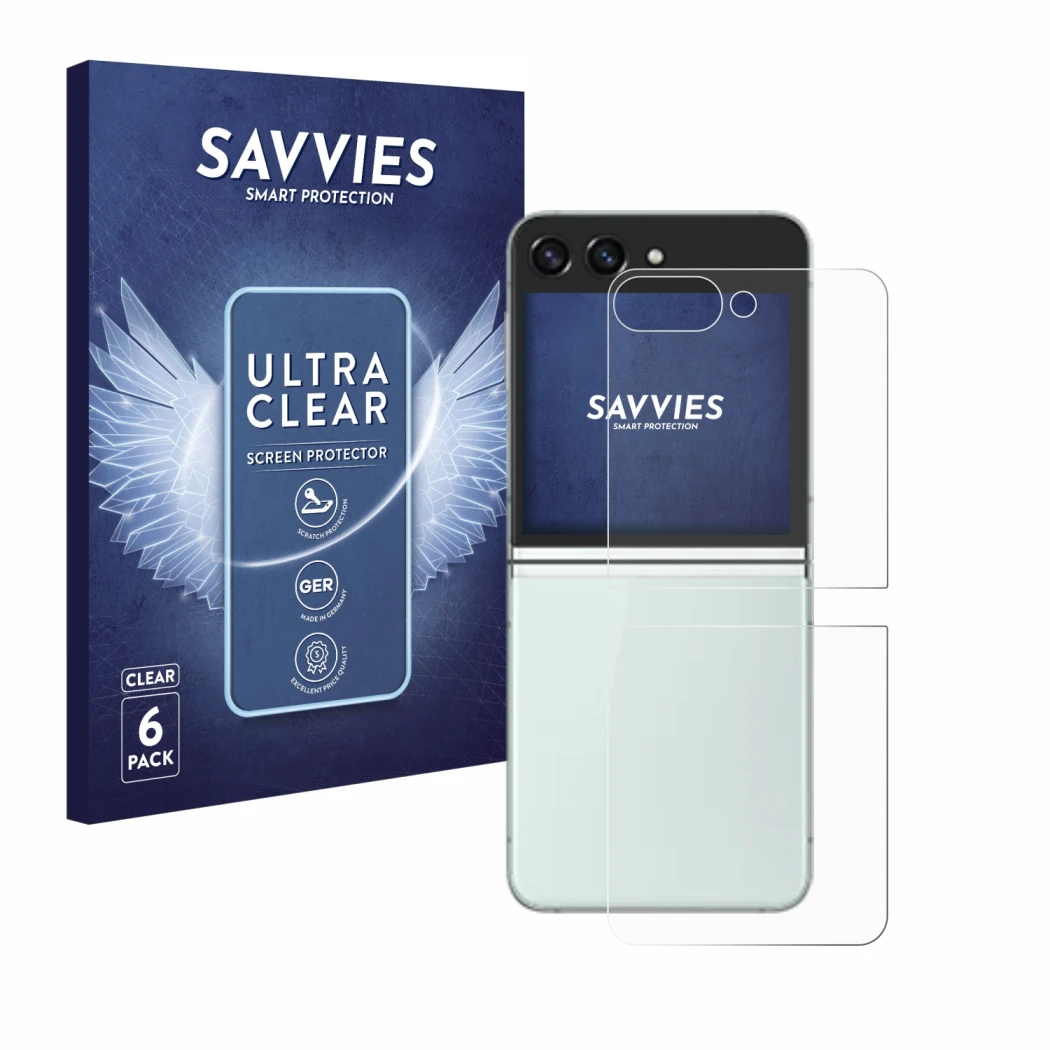 Face avant d’un emballage produit avec le logo de la marque Savvies. À côté, l’appareil Samsung Galaxy Z Flip 5 (Arrière) est 