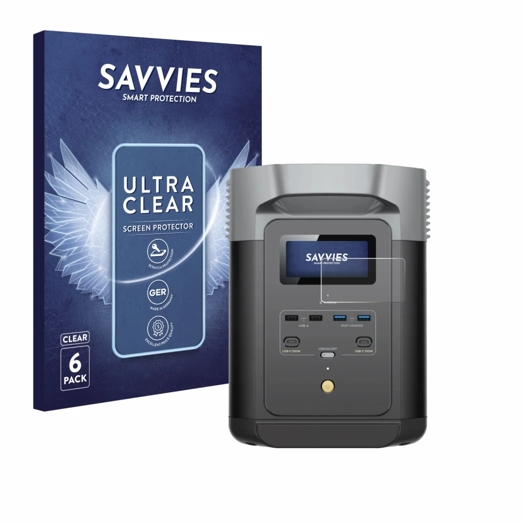 Face avant d’un emballage produit avec le logo de la marque Savvies. À côté, l’appareil EcoFlow DELTA 2 est représenté avec la