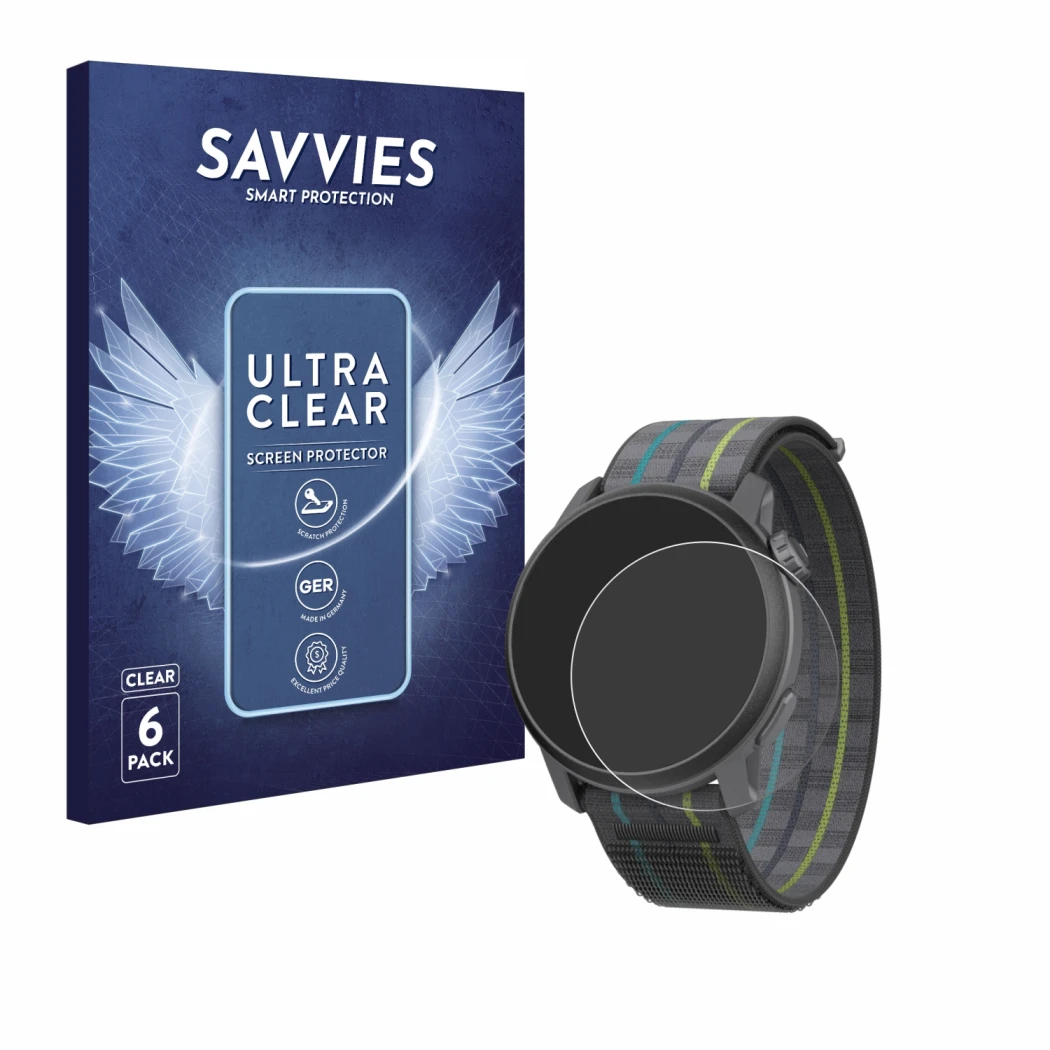 Face avant d’un emballage produit avec le logo de la marque Savvies. À côté, l’appareil Coros Pace 3 est représenté avec la pr