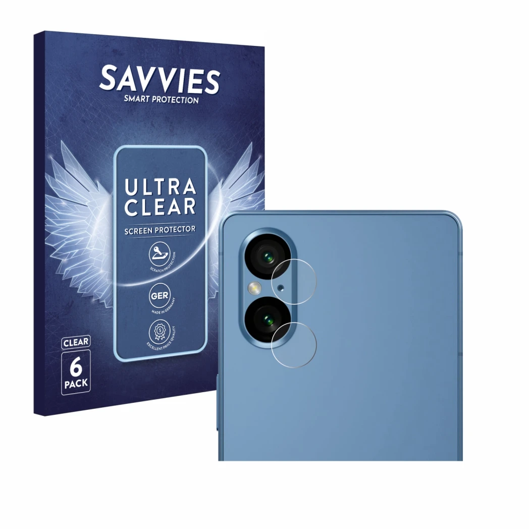 Face avant d’un emballage produit avec le logo de la marque Savvies. À côté, l’appareil Sony Xperia 5 V (Caméra UNIQUEMENT) es