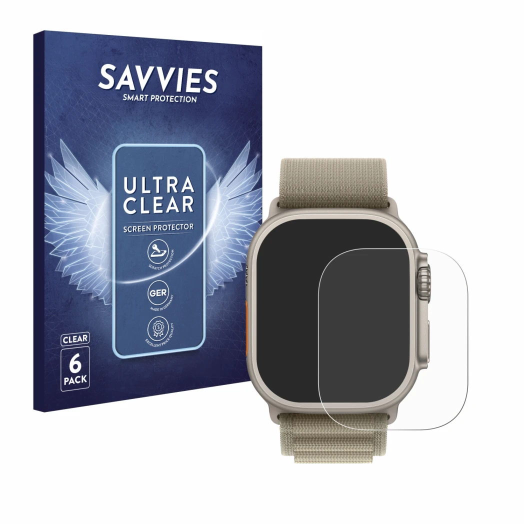 Face avant d’un emballage produit avec le logo de la marque Savvies. À côté, l’appareil Apple Watch Ultra 2 (49 mm) est représ