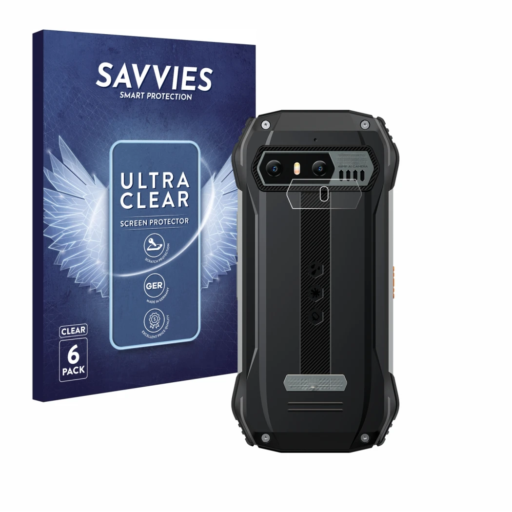 Face avant d’un emballage produit avec le logo de la marque Savvies. À côté, l’appareil Blackview N6000 (Caméra UNIQUEMENT) es