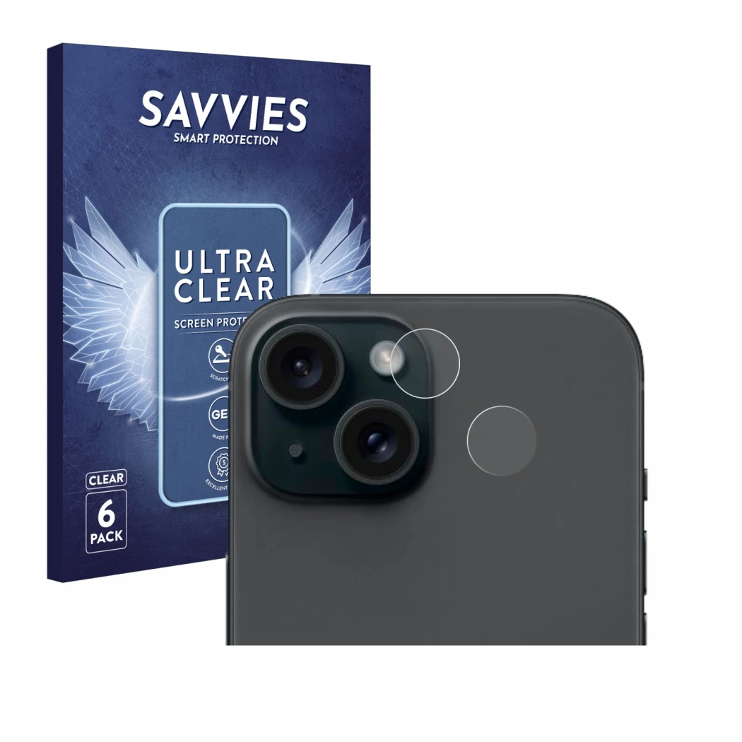 Face avant d’un emballage produit avec le logo de la marque Savvies. À côté, l’appareil Apple iPhone 15 (Caméra UNIQUEMENT) es