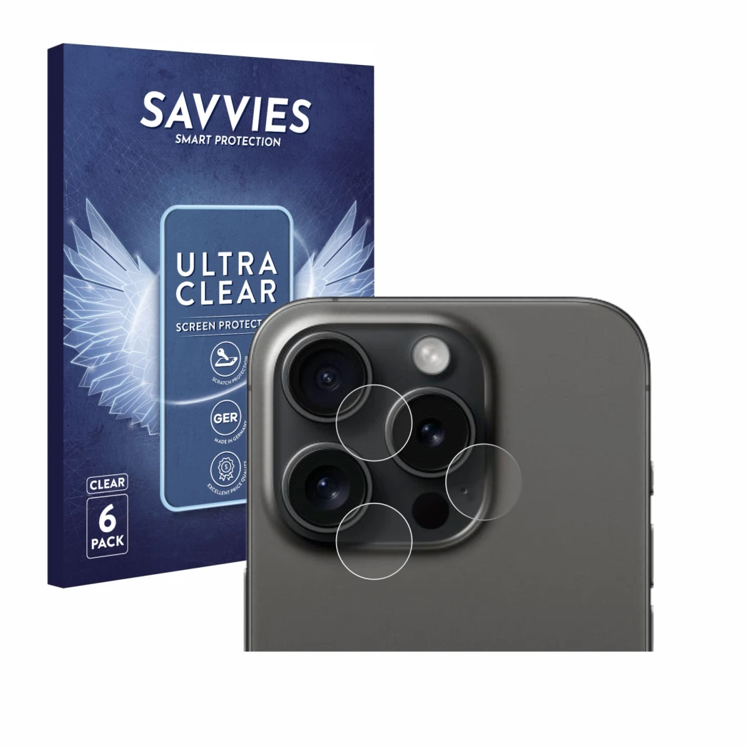 Face avant d’un emballage produit avec le logo de la marque Savvies. À côté, l’appareil Apple iPhone 15 Pro (Caméra UNIQUEMENT