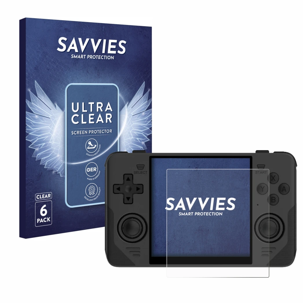 Face avant d’un emballage produit avec le logo de la marque Savvies. À côté, l’appareil Powkiddy RGB30 est représenté avec la 