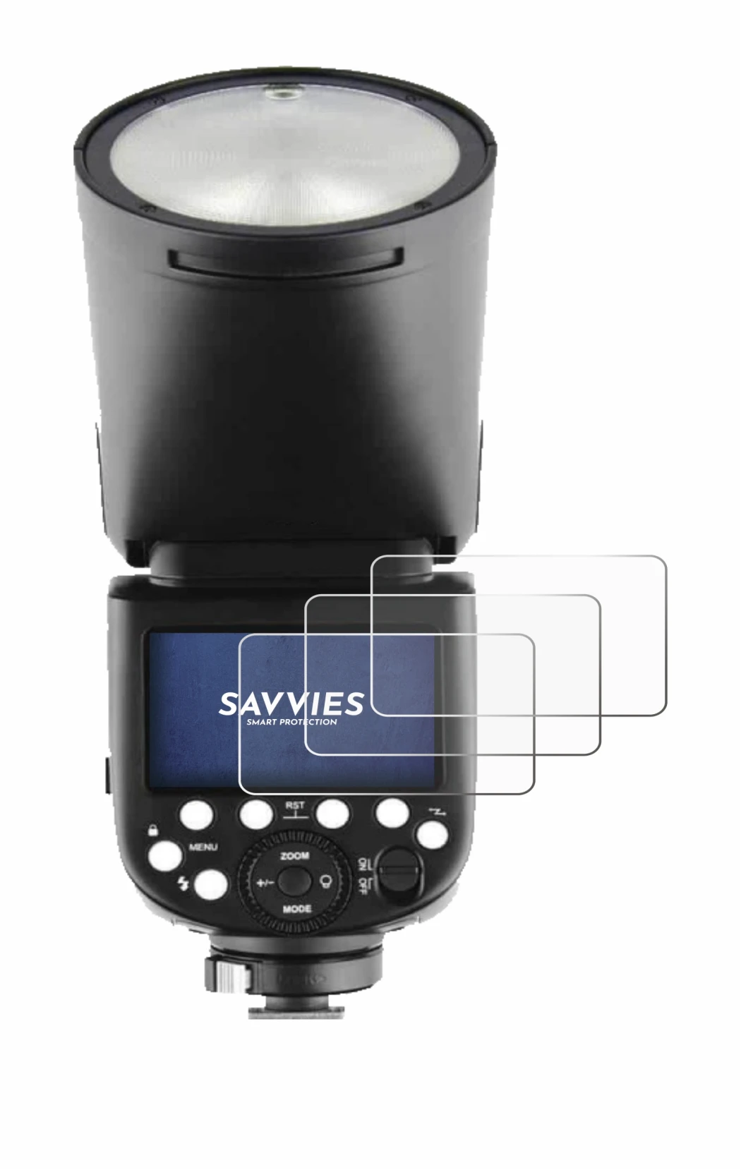 Image de l'appareil Godox V1 avec une grande variété de protections d'écran.