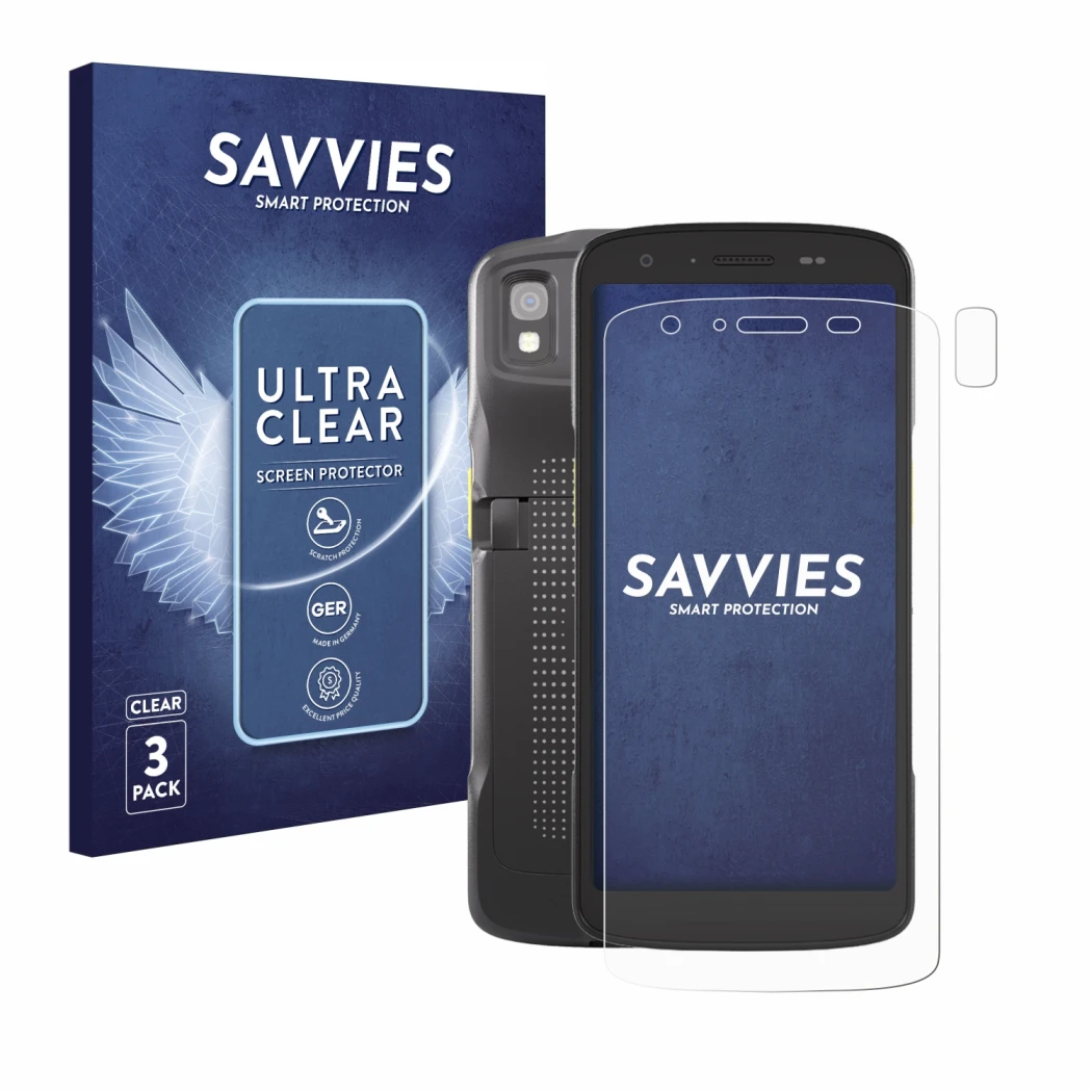 Face avant d’un emballage produit avec le logo de la marque Savvies. À côté, l’appareil Zebra TC27 (Avant+Caméra) est représen