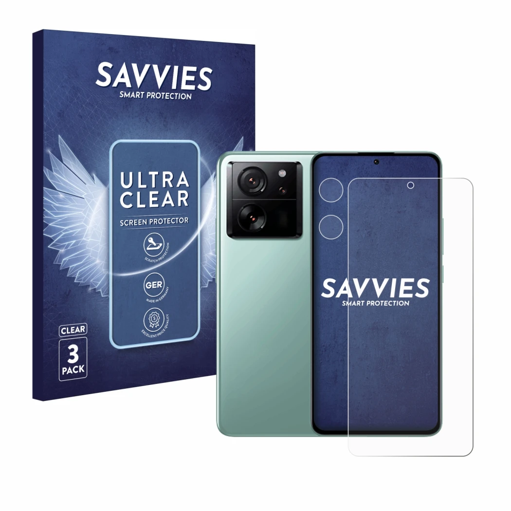Face avant d’un emballage produit avec le logo de la marque Savvies. À côté, l’appareil Xiaomi 13T Pro (Avant+Caméra) est repr