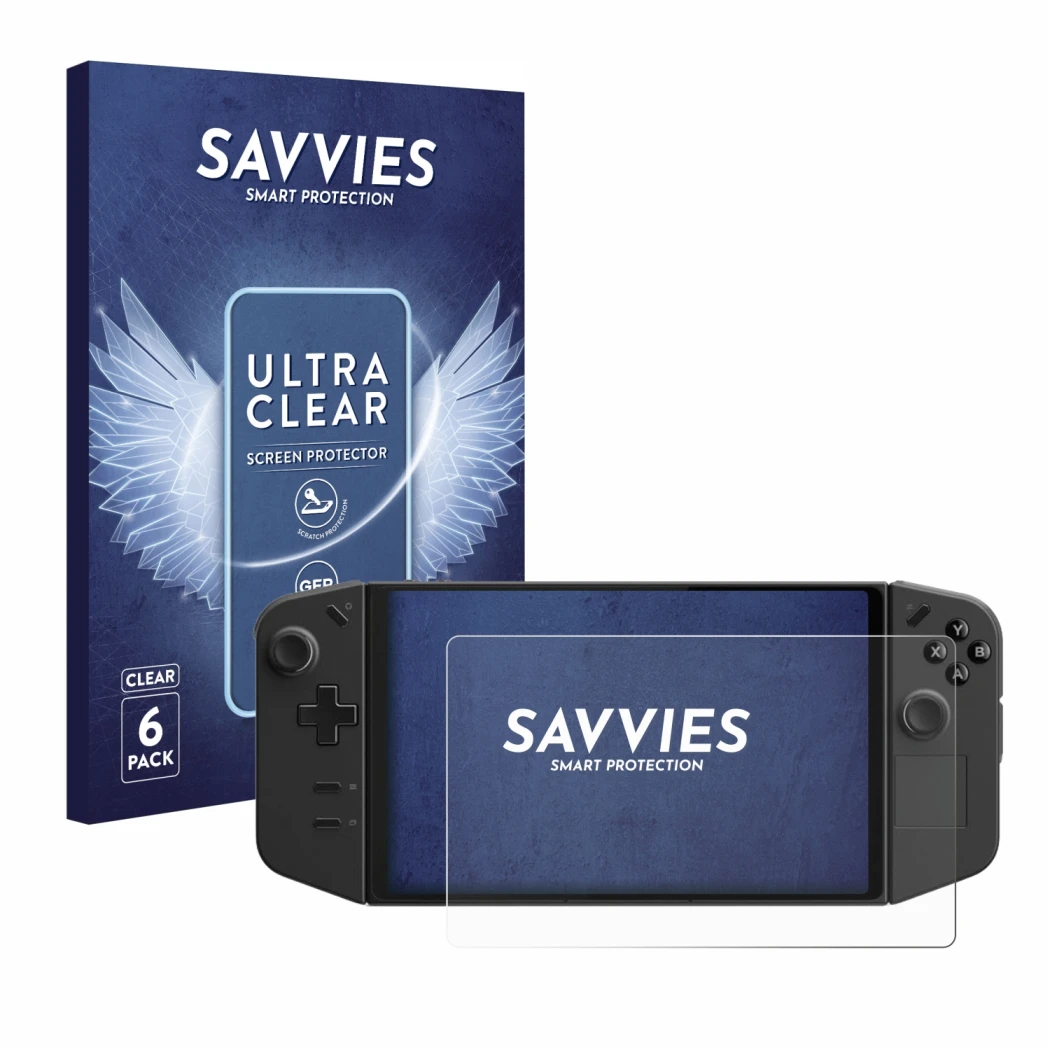 Face avant d’un emballage produit avec le logo de la marque Savvies. À côté, l’appareil Lenovo Legion Go est représenté avec l