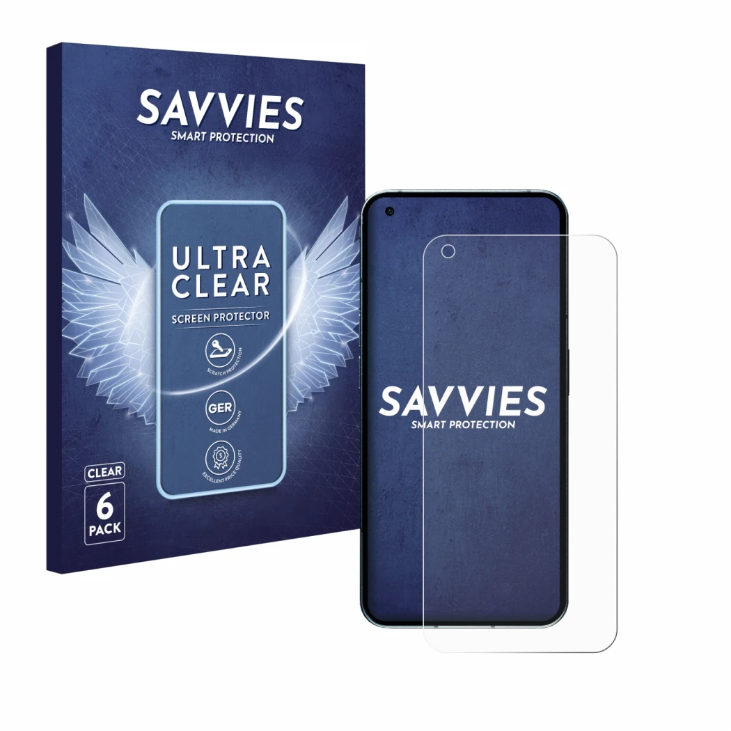 Face avant d’un emballage produit avec le logo de la marque Savvies. À côté, l’appareil Nothing Phone (1) (case-friendly) est 