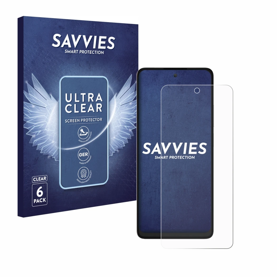 Face avant d’un emballage produit avec le logo de la marque Savvies. À côté, l’appareil TCL 40 NXTPAPER est représenté avec la