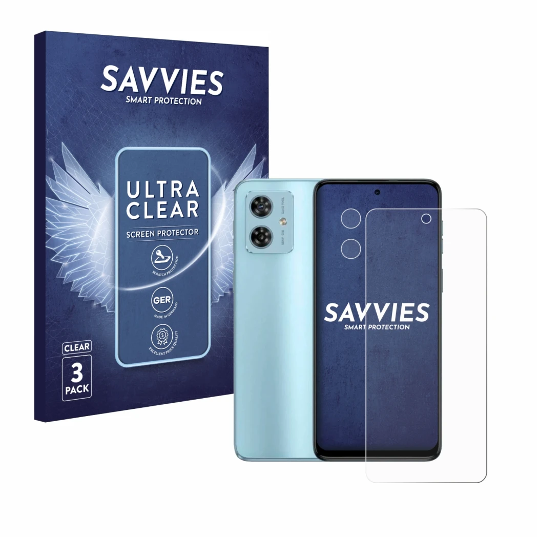 Face avant d’un emballage produit avec le logo de la marque Savvies. À côté, l’appareil Motorola Moto G54 (Avant+Caméra) est r