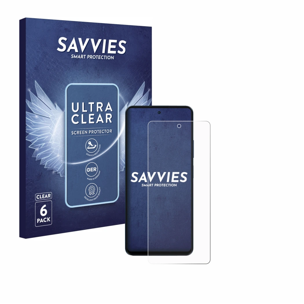 Face avant d’un emballage produit avec le logo de la marque Savvies. À côté, l’appareil Blackview Shark 8 est représenté avec 