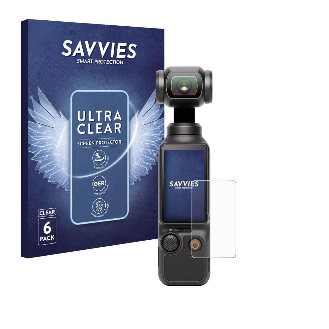 Face avant d’un emballage produit avec le logo de la marque Savvies. À côté, l’appareil DJI Osmo Pocket 3 est représenté avec 